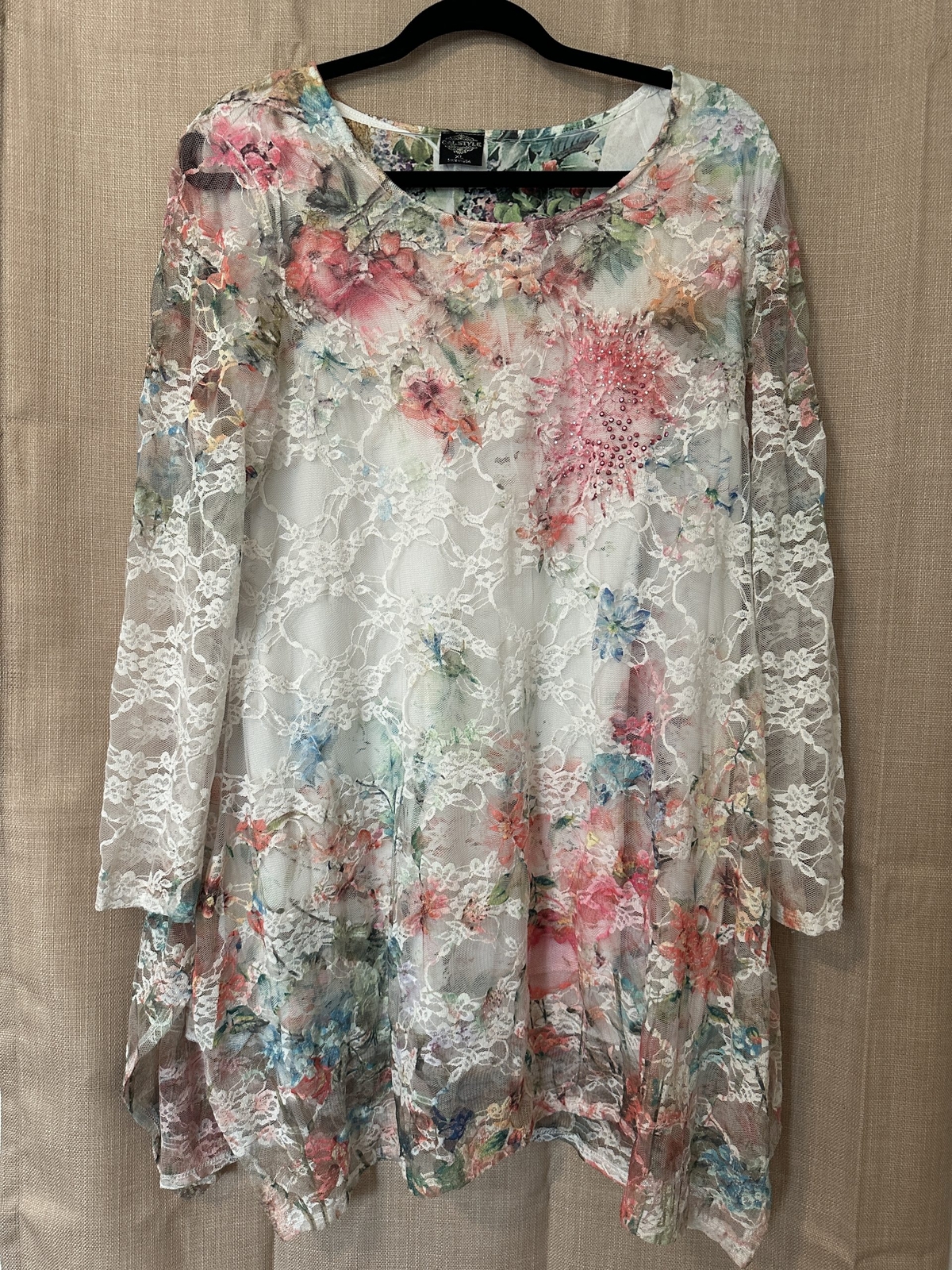 Multicolored floral lace print top.