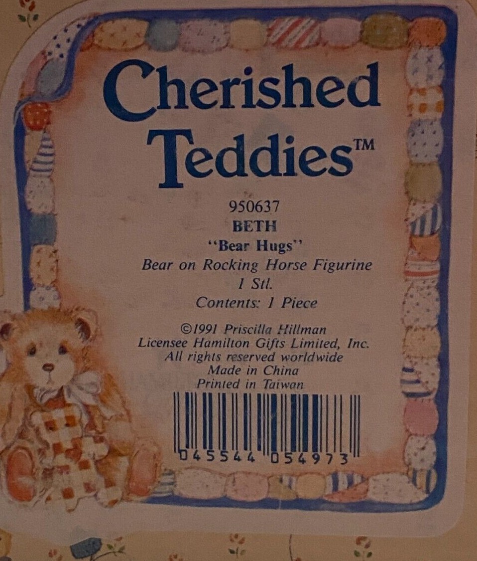 1991 Cherished Teddies Beth  "Bear Hugs "  950637 Ships Free