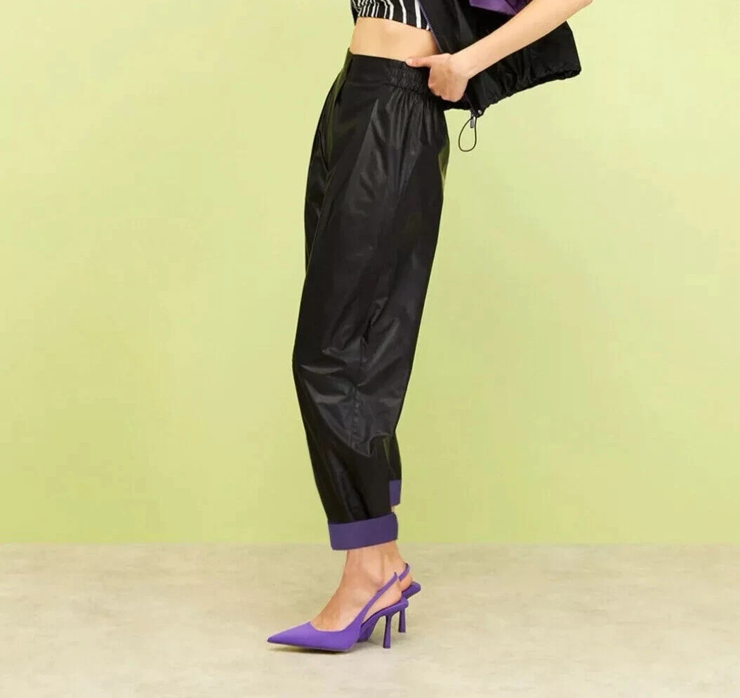 Nocturne Slouchy Cuffed Pants Black Purple Elastic Waist Waterproof Urban NWT XS