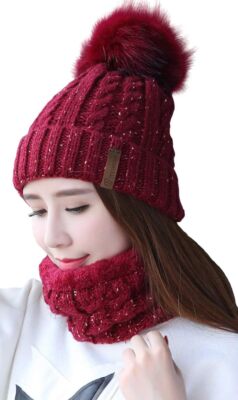 29 IYEBRAO Womens Winter Knit Pom Pom Beanie Hat Scarf Set Girls Slouchy  Thick UK