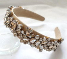 Beige Crystal Embellished Headband – Rhinestone Jeweled Padded Hairband for Wome