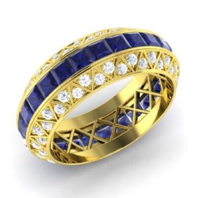 3.70 Ct Princess Real Sapphire & Diamond Eternity Band 14K Solid Yellow Gold B