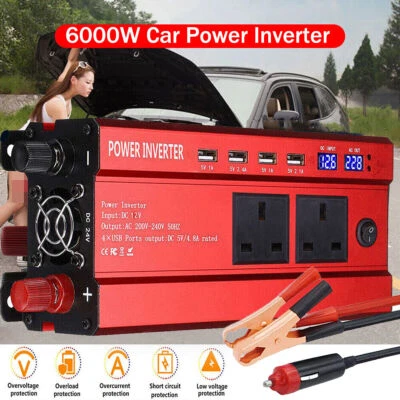 6000W Peak Power Inverter DC 12V to AC 220V 240V Car Converter 4 USB 2 Socket