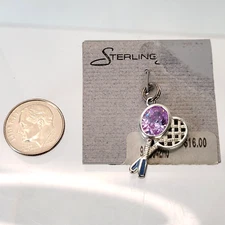 Vtg Sterling Silver SU 925 - Lavender CZ stone TENNIS Rackets Charm Pendant new