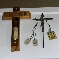 Vintage Walnut Cross With Brass Jesus,prayer Cards, Holy Water Bottle,2 Candles