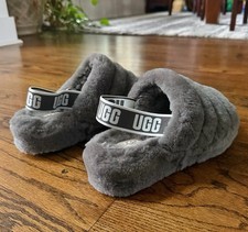 UGG Fluff Yeah Slide Slippers Gray Shearling Elastic Logo Strap Women  s Size 8
