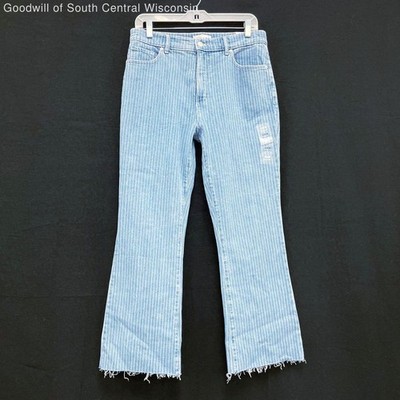 NWT Wmns LOFT Light Blue Pinstripe Striped Raw Hem High Rise Kick Crop Jeans 29