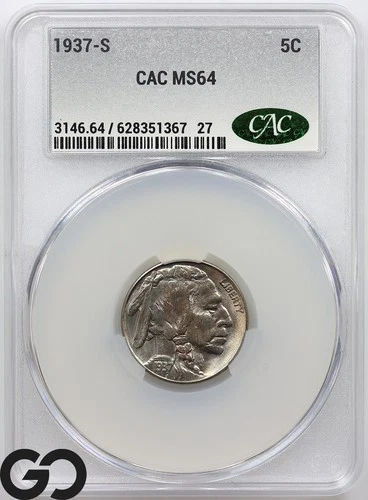 1937-S Buffalo Nickel CAC MS 64