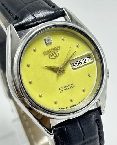 Vintage Seiko 5 Yellow Dial Day-Date Automatic Movement No.7S36A Men Wrist Watch