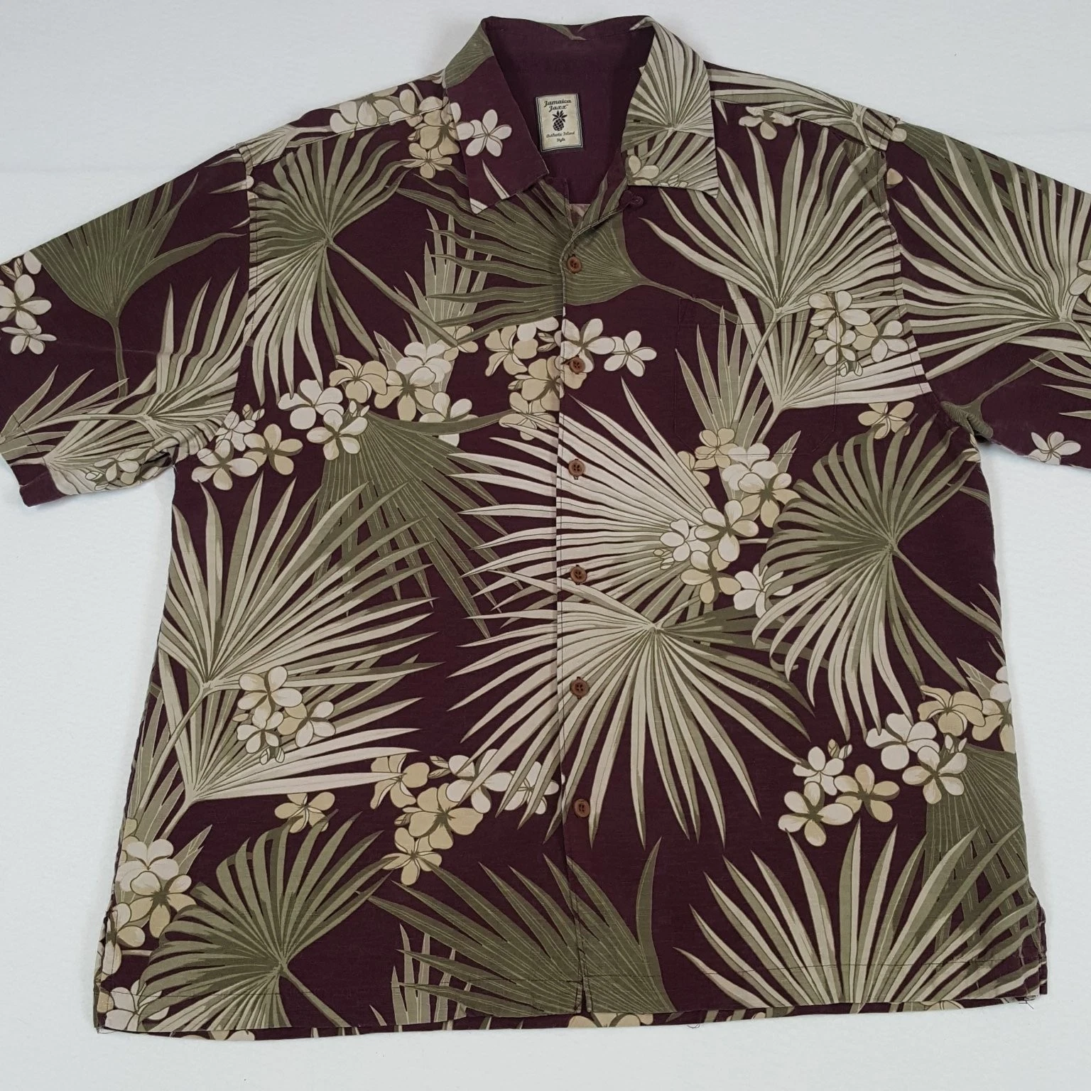Jamaica Jaxx Men's Casual Button-Down Shirt M Maroon Tropical Palm Silk