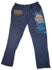 Ed Hardy Crown Skull Joggers Sweatpants Navy Blue Y2K Streetwear Size XL Vintage