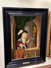 Abraham Toorenvliet 1685-1735 Dutch oil panel Child dog birdcage parrot Quality!