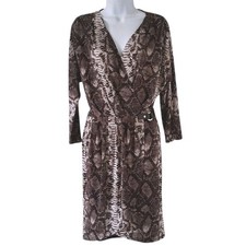 MICHAEL Michael Kors Dress Med Snake Print Faux Wrap Logo Waist Stretch Brown 
