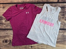 Lot Of 2 Under Armour Shirt And Tank Top Girls Youth YSM Small Pink Pre-owned