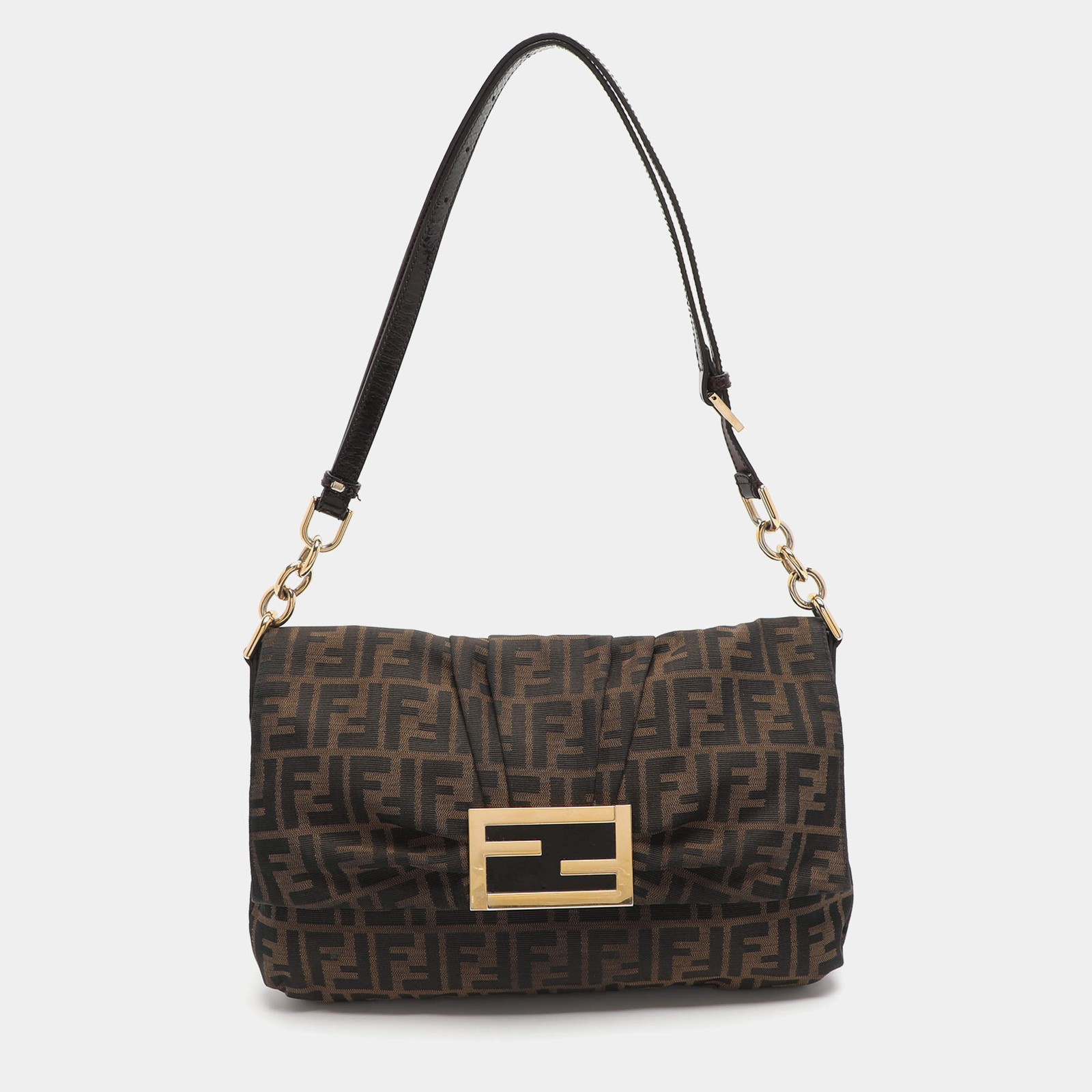 Fendi Mia Flap Tobacco Zucca Canvas and Patent Leather Shoulder Bag