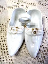 Antique Porcelain Double Salt Cellar-White Ladies Shoes-Gold Trim