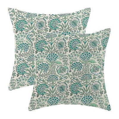 Block Print Pillow Covers 18x18 Pack of 2 Teal Floral Throw Pillow Covers Out...