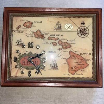 Hawaii  Map Vintage Wood Frame Clock with Maui Kauai Molokai Handmade As Is