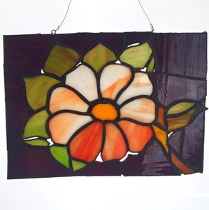 Stained Glass Panel Wall Hanging Window Decor 8 x 10 in Red Flower Art Glass