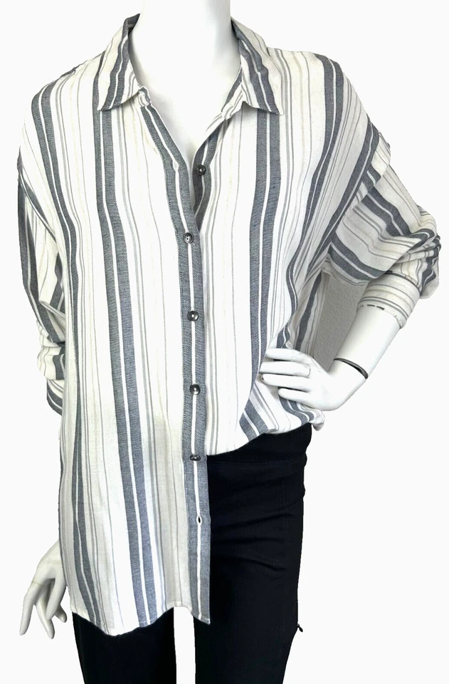 NUEVO CON ETIQUETAS Espléndido Cuello Lateral Dividido a Rayas Abotonadas Manga Larga Blanco Talla Pequeña Foto 3 de 4