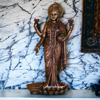 10 Inch Bronze Goddess Lakshmi Idol Standing On Lotus Flower Spiritual Hindu