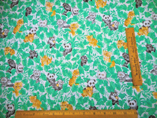 Animal Fabric Short Yard Peaking Baby Animals Green Leaves on White Cotton Vtg - Picture 2 of 2