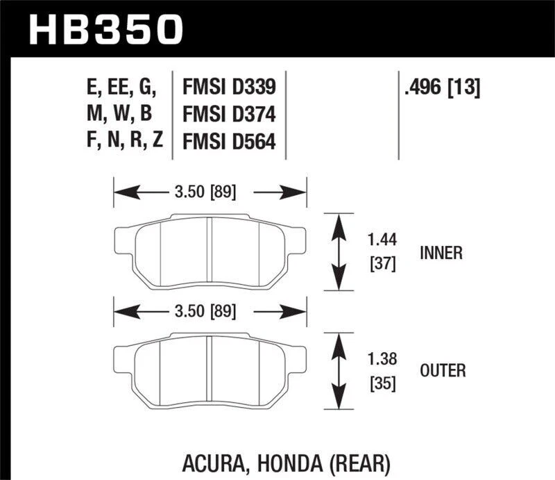 Pastillas de freno traseras Hawk HB350W.496 DTC-30 para Honda Civic/CRX/Del Sol 1986-2001 Foto 2 de 4