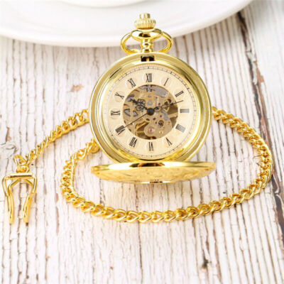 Men's Mechanical Pocket Watches Hand Wind Gold Double Hunter Case Pendant Chain