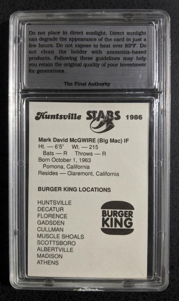 1986 Huntsville Stars Burger King Mark McGwire #33 The Final Authority Mint 9 - Imagem 2 de 2