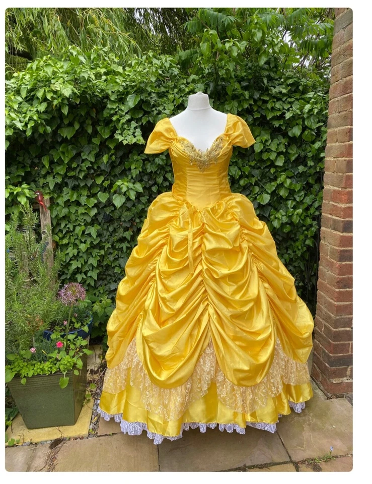 Adult Beauty and The Beast Princess Belle Cosplay Costume Ball Gown Fancy Dress~ - Imagem 3 de 4
