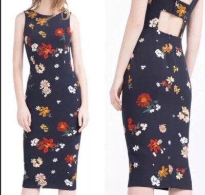 Zara Basic Navy Blue Floral Pencil Dress Sleeveless Open Back Size Medium M