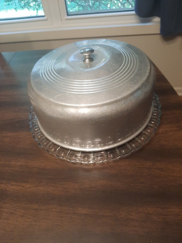 Vintage Pressed Glass Cake Plate  with Domed Aluminum 10" Lid