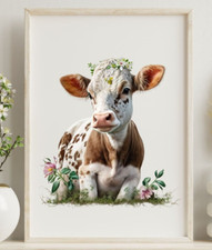 Cow Wall Art Print, Cow With Flowers Art Print, Farmhouse Wall Art Decor