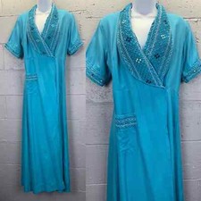 Vintage Turquoise Blue Smocked Embroidered Dressing Gown House Dress Robe Med Lg