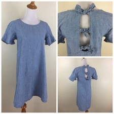 MADEWELL Womens sz XS Light Blue Chambray Bow Cut Out Back Ruffle Sleeve Dress