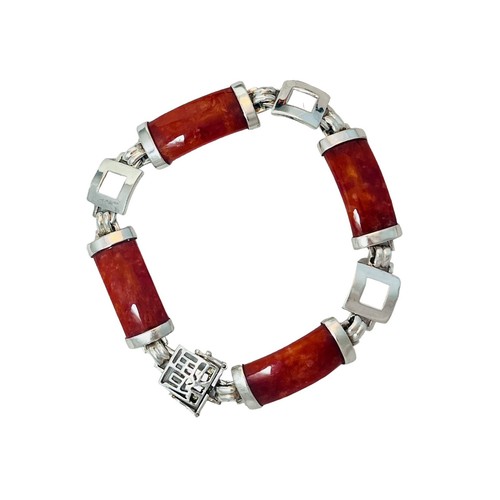 Sterling Silver GSI Orange Jade Chinese Character Link 7.5" Bracelet 20.3g - Picture 3 of 13