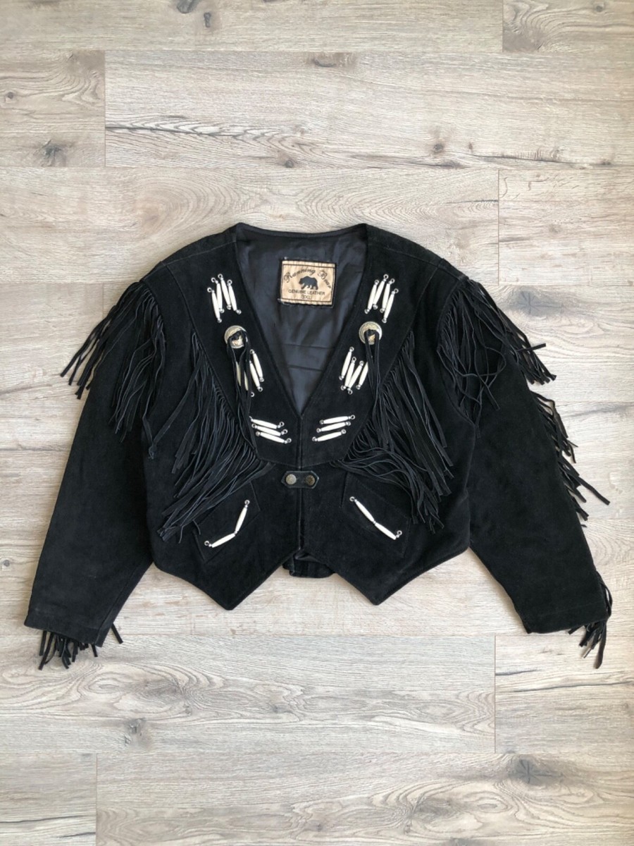 Western Fringed Jacket Running Bear 90s Genuine Leather Vintage | eBay