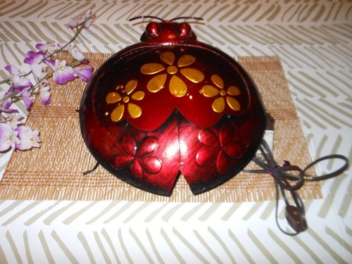 11" LADYBUG ACCENT LAMP , NIGHT LIGHT ~ GLASS & METAL ~ INDOOR , OUTDOOR - Picture 3 of 5