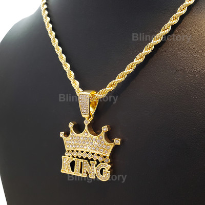 Gold Plated Alloy Cubic Zirconia CROWNED KING Pendant & 24'' Rope Chain Necklace