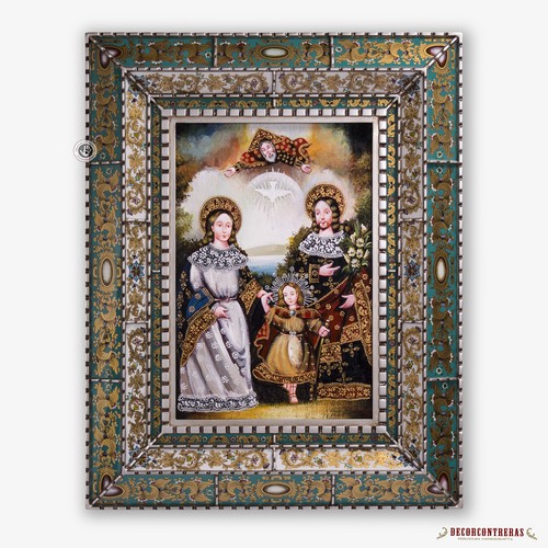Heilige Familie, Replik Gemälde auf Holz aus Peru, handbemalte Kunst Glasrahmen - Bild 2 von 10