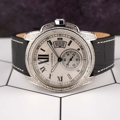 Cartier Calibre 42mm Men's Steel Watch White Dial Iced 2.5ct