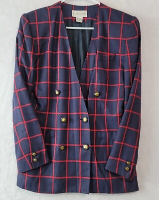 VTG Casual Corner Windowpane Plaid Blazer Womens Size 6 Gold Buttons & Pockets 
