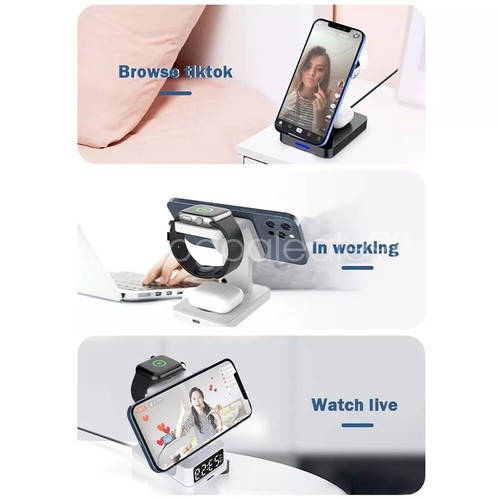 5 in 1 Wireless Charger Fast Charging Dock Alarm Clock for iPhone iWatch AirPods - Zdjęcie 21 z 26