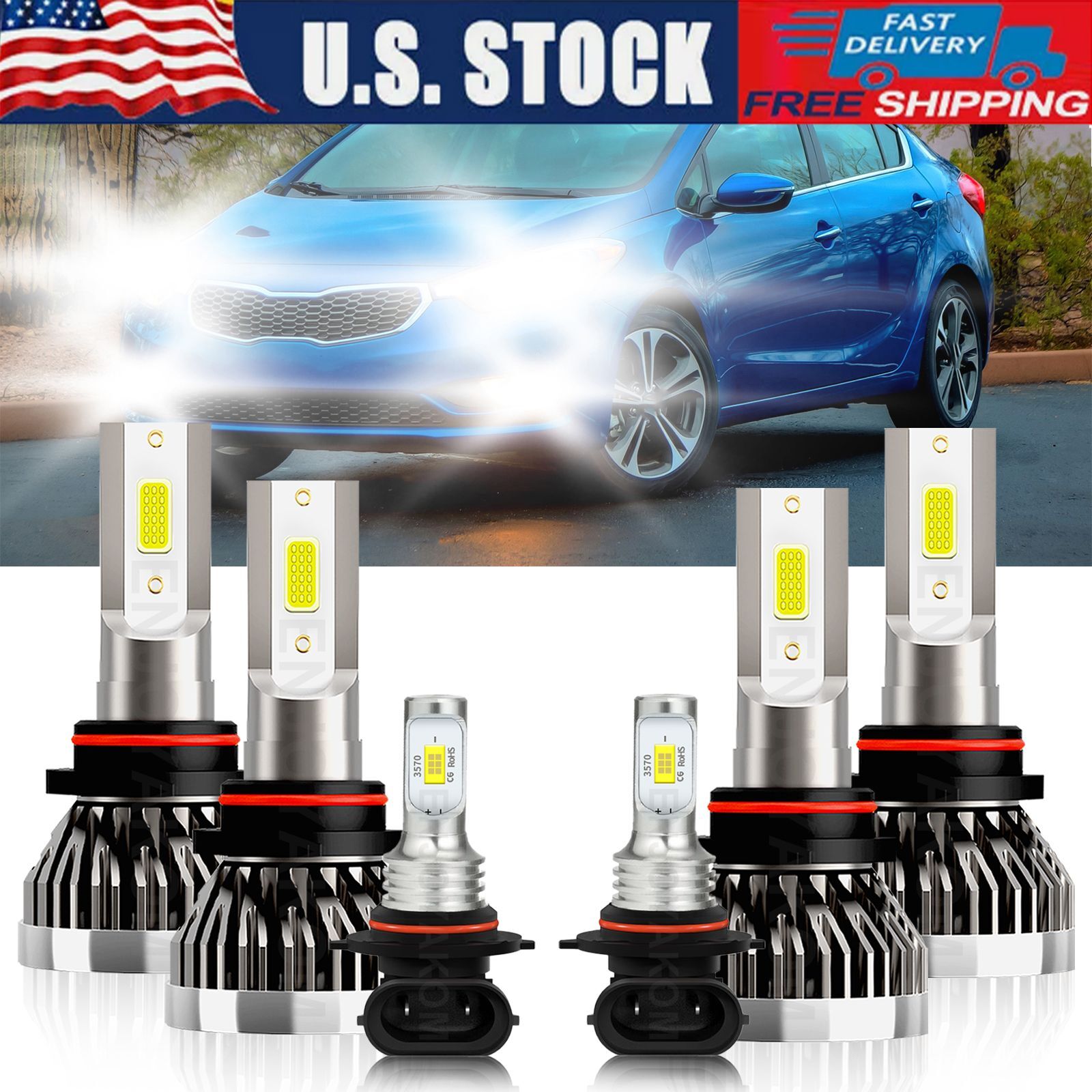 For Kia Forte 2021 Combo LED Headlight High Low Beam Fog Light Bulbs Kit 6000K
