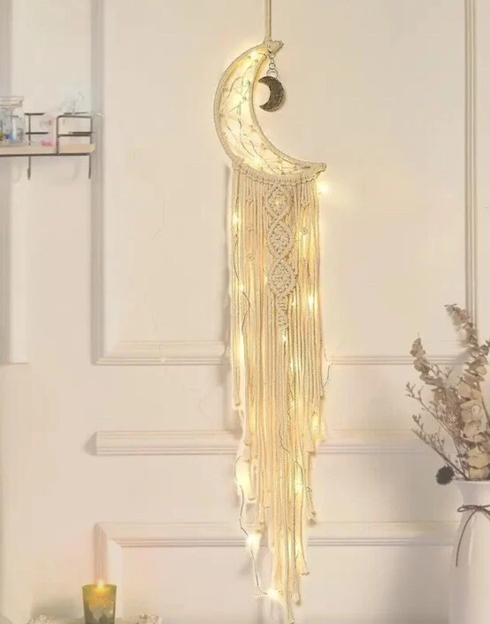 Nuevo Macramé Conjunto de Luna y Estrella Decoración de Pared con Luces Arte Boho Shabby Chic Foto 3 de 4