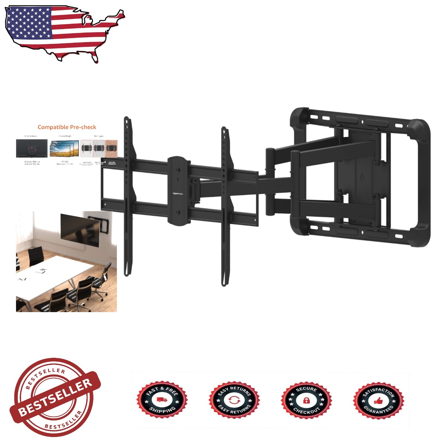 Full Motion TV Wall Mount for 37-80 Inch Screens – Holds 132lbs – Sleek Black Design  -image