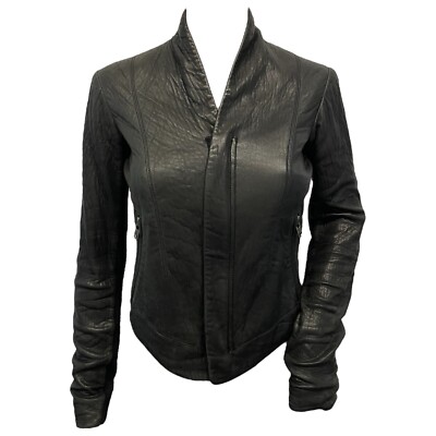 Vintage Y2K VEDA Dark Grey Distressed Leather Jacket Women s XS/S