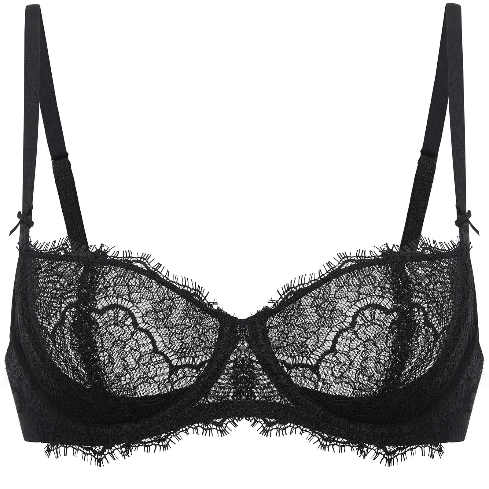 DOBREVA Women's Lace Push Up Balconette Bra, Unlined, Underwire, Black 36C