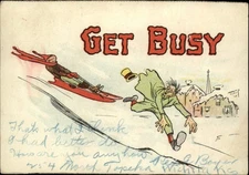 Get Busy pun comic winter sled sledding 1907 BLANCHE HIX Lexington MO postcard