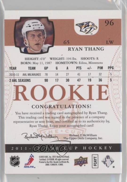 2011-12 Upper Deck The Cup Auto Rookie /199 Ryan Thang #96 Rookie Auto RC - Image 2 of 2